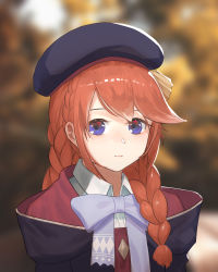 Rule 34 | 1girl, absurdres, beret, black coat, black hat, blue bow, blurry, blurry background, bow, braid, brown hair, closed mouth, coat, collared shirt, commentary request, depth of field, dress shirt, eyebrows hidden by hair, hat, highres, hood, hood down, hooded coat, long hair, princess connect!, purple eyes, ronnie choy, shirt, smile, solo, twin braids, upper body, white shirt, yuni (princess connect!)