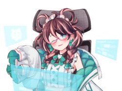 Rule 34 | 1girl, apron, bare shoulders, blush, bow, braid, breasts, brown dress, brown hair, chair, collared dress, dress, earrings, fang, flower earrings, frilled apron, frills, glasses, green bow, green eyes, hair between eyes, hair rings, holographic monitor, ittokyu, jacket, jewelry, long hair, long sleeves, maid headdress, medium breasts, multicolored hair, office chair, one eye closed, open clothes, open jacket, original, parted lips, pink hair, puffy long sleeves, puffy sleeves, red-framed eyewear, semi-rimless eyewear, simple background, sleeveless, sleeveless dress, sleeves past fingers, sleeves past wrists, smile, solo, streaked hair, swivel chair, twin braids, two-tone hair, under-rim eyewear, upper body, white apron, white background, white jacket