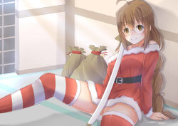 Rule 34 | 10s, 1girl, absurdres, ahoge, bare shoulders, blush, braid, breasts, brown eyes, brown hair, christmas, dress, esencey, glasses, highres, long hair, rakudai kishi no cavalry, smile, striped clothes, striped thighhighs, thighhighs, toudou touka
