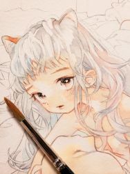 Rule 34 | 1girl, 1other, animal ears, art brush, art tools in frame, black eyes, breasts, cat ears, closed eyes, commentary request, long hair, looking at viewer, nanakami mana, nude, original, paintbrush, painting (medium), parted lips, photo (medium), small breasts, solo focus, traditional media, unfinished, watercolor (medium), wavy hair, white hair