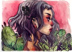 Rule 34 | artist name, braid, cactus, closed mouth, commentary, english commentary, eyelashes, freckles, from side, grey hair, jacquelin deleon, lips, nose, original, portrait, profile, red nose, short hair, signature, solo