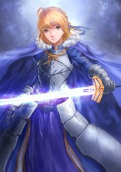 Rule 34 | 1girl, absurdres, ahoge, armor, artoria pendragon (fate), blonde hair, cape, excalibur (fate/stay night), fate/stay night, fate (series), green eyes, highres, saber (fate), solo, sunday-zjy, sword, weapon