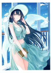 Rule 34 | 1girl, absurdres, animal, bare shoulders, bikini, bikini under clothes, bird, black hair, blue sky, book, breasts, cloud, collarbone, feathered wings, grey eyes, hand up, hat, highres, holding, long hair, looking at viewer, low wings, medium breasts, midriff, mole, mole under eye, multiple wings, navel, original, sarong, scan, simple background, sky, sleeveless, solo, stomach, swimsuit, wings, yashiro seika