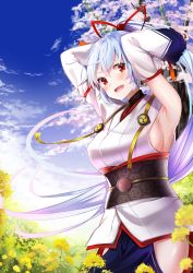 Rule 34 | 1girl, :d, armpits, arms up, bare shoulders, blue hakama, blue sky, blush, breasts, cloud, cloudy sky, commentary request, cowboy shot, day, detached sleeves, fate/grand order, fate (series), felnemo, floating hair, flower, frilled sleeves, frills, hair ribbon, hakama, hakama pants, hakama skirt, high ponytail, highres, hip vent, japanese clothes, long hair, long sleeves, looking at viewer, medium breasts, mitsudomoe (shape), obi, open mouth, outdoors, pants, red eyes, red ribbon, ribbon, sash, sideboob, sidelocks, single detached sleeve, skirt, sky, smile, solo, standing, tomoe (symbol), tomoe gozen (fate), tree, very long hair, white hair, wide sleeves, yellow flower