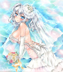 Rule 34 | 10s, 1girl, alternate costume, artist name, at classics, backless dress, backless outfit, bare shoulders, blue eyes, blush, bouquet, breasts, bridal veil, closed mouth, covered erect nipples, dress, elbow gloves, flower, from side, gloves, hair between eyes, holding, holding bouquet, jewelry, kantai collection, kashima (kancolle), large breasts, looking at viewer, necklace, pearl necklace, sample watermark, silver hair, smile, solo, traditional media, twintails, veil, watermark, wedding dress, white gloves