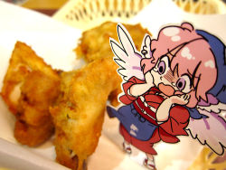 Rule 34 | 1girl, animal ears, earrings, female focus, fried chicken, from above, hands on own cheeks, hands on own face, head scarf, japanese clothes, jewelry, mitsumoto jouji, mystia lorelei, obi, okamisty, open mouth, paper child, papercraft (medium), photo (medium), pink hair, sandals, sash, scared, solo, tabi, tears, third-party edit, touhou, unconventional media, wings