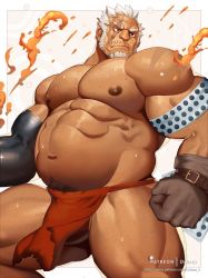 Rule 34 | 1boy, amatsumara (housamo), bara, belly, bulge, character request, chest hair, dsharp, embers, facial hair, fat, fat man, fire, gloves, goatee, highres, large pectorals, loincloth, long sideburns, male focus, male underwear, muscular, muscular male, navel, nipples, old, old man, pectorals, pelvic curtain, red eyes, red male underwear, scar, scar across eye, scar on arm, scar on face, short hair, sideburns, single glove, solo, spread legs, thick thighs, thighs, tokyo houkago summoners, underwear, white hair