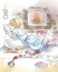 Rule 34 | 1girl, alice margatroid, blonde hair, blue dress, book, carpet, doll, dress, feet up, female focus, fire, fire, flying, from side, indoors, mugishima orie, open book, paper, pillow, profile, puffy short sleeves, puffy sleeves, reading, shanghai doll, short hair, short sleeves, solo, touhou