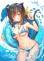 Rule 34 | 1girl, animal ear fluff, animal ears, armpits, bare arms, bare shoulders, bikini, blue bikini, blue hair, blue nails, breasts, brown eyes, brown hair, cat ears, cat girl, cat tail, cleavage, closed mouth, commentary request, cowboy shot, dolphin, fingernails, fish, gluteal fold, hair ribbon, hand up, highres, innertube, jewelry, leaning forward, long hair, looking at viewer, medium breasts, multicolored hair, nail polish, navel, necklace, orange eyes, original, ribbon, rk (rktorinegi), side-tie bikini bottom, smile, solo, standing, streaked hair, sweatband, swim ring, swimsuit, tail, tail raised, thighs, w, water, white background, yellow ribbon