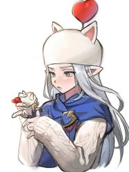 Rule 34 | 1boy, 1girl, alternate costume, animal hat, brooch, commentary, cropped torso, elezen, elf, estinien varlineau, final fantasy, final fantasy xiv, from side, grey eyes, grey hair, grey lips, hat, highres, holding person, jewelry, light blush, long hair, long sleeves, looking at another, mini person, miniboy, pointy ears, simple background, size difference, solo focus, sweater, symbol-only commentary, upper body, white background, white sweater, wuliu heihuo, ysayle dangoulain