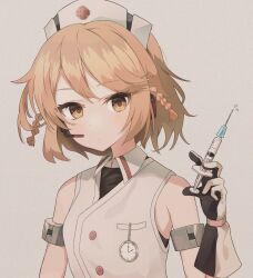 Rule 34 | 1girl, armlet, black gloves, black undershirt, blonde hair, braid, brown eyes, buttons, closed mouth, clover, clover print, collared shirt, commentary, four-leaf clover, gasao, gloves, grey background, hand up, hat, headphones, highres, holding, holding syringe, jacket, looking at viewer, microphone, nurse, nurse cap, nurse robot type t, pocket watch, shirt, short hair, side braids, simple background, sleeveless, sleeveless jacket, sleeveless shirt, solo, syringe, two-tone gloves, upper body, utau, voicevox, watch, white gloves, white jacket