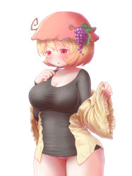 Rule 34 | 1girl, aki minoriko, arinu, black shirt, blonde hair, blush, breasts, cleavage, food, frilled sleeves, frills, fruit, grapes, hand on own chest, hat, highres, large breasts, long sleeves, looking away, looking down, off shoulder, open clothes, panties, pantyshot, pink panties, red eyes, red hat, shirt, short hair, simple background, solo, standing, thighs, touhou, underwear, white background, wide sleeves