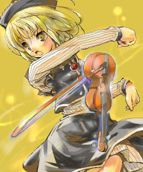 Rule 34 | 1girl, black hat, black skirt, black vest, blonde hair, bow (music), commentary request, female focus, fighting stance, hat, instrument, long sleeves, lunasa prismriver, oekaki, open mouth, salamander (hop-step), shirt, short hair, skirt, solo, striped clothes, striped shirt, touhou, vest, violin, yellow background, yellow eyes