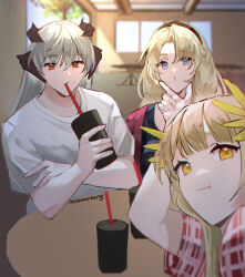 Rule 34 | 3girls, :t, absurdres, arknights, black shirt, blonde hair, blue eyes, crossed arms, cup, dragon girl, dragon horns, drinking straw, drinking straw in mouth, grey hair, hair ornament, hand up, highres, holding, holding cup, horns, indoors, jacket, kristen (arknights), laurels, laurene (miawwmeng), long hair, muelsyse (arknights), multiple girls, o3o, open clothes, open jacket, orange eyes, plaid, plaid shirt, red jacket, saria (arknights), selfie, shirt, short sleeves, smile, t-shirt, table, twitter username, upper body, white shirt, window, yellow eyes