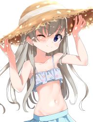 Rule 34 | 1girl, ;), arm up, armpits, bad id, bad twitter id, bare arms, bare shoulders, bikini, bikini top only, blue eyes, blue skirt, blush stickers, brown hat, closed mouth, commentary request, earrings, floral print, grey bikini, grey hair, hair between eyes, hand on headwear, hand up, hat, highres, hisakawa hayate, idolmaster, idolmaster cinderella girls, idolmaster cinderella girls starlight stage, jewelry, long hair, looking at viewer, navel, one eye closed, print bikini, shiwa (siwaa0419), simple background, skirt, smile, solo, straw hat, stud earrings, swimsuit, very long hair, white background