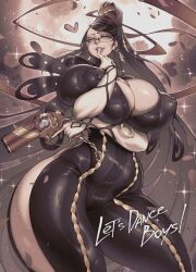 Rule 34 | 1girl, bad tag, bayonetta, bayonetta (series), black hair, bodysuit, breasts, covered erect nipples, english text, finger to mouth, from below, gigantic breasts, glasses, gloves, gofa, gun, heart, highres, holding, holding gun, holding weapon, impossible bodysuit, impossible clothes, long hair, looking at viewer, looking down, parted lips, solo, standing, thick thighs, thighs, very long hair, weapon, white gloves