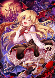Rule 34 | 10s, 1girl, akabane (zebrasmise), bat (animal), bat wings, black skirt, black thighhighs, blonde hair, blush, boots, castle, clock, clock tower, cloud, collared shirt, cross-laced clothes, eyebrows, fangs, fingernails, fire, flower, frilled skirt, frills, glowing, glowing eyes, granblue fantasy, hair between eyes, hand to own mouth, head wings, long fingernails, long hair, long sleeves, looking at viewer, moon, nail polish, night, night sky, one eye closed, open mouth, outdoors, petals, pointy ears, red eyes, red flower, red nails, red rose, roman numeral, rose, sharp fingernails, shingeki no bahamut, shirt, skirt, skirt hold, sky, smile, smoke, solo, spread fingers, thighhighs, tower, vampire, vampy, white shirt, wings