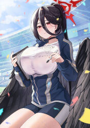 Rule 34 | 1girl, absurdres, art rat, black choker, black hair, black wings, blue archive, blush, breasts, choker, gym uniform, hair between eyes, halo, hasumi (blue archive), hasumi (track) (blue archive), highres, huge breasts, jacket, large breasts, large wings, long hair, looking at viewer, mole, mole under eye, official alternate costume, outdoors, ponytail, red eyes, shirt, shorts, solo, track jacket, white shirt, wings