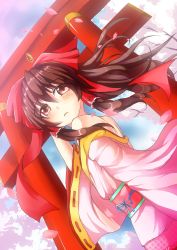 Rule 34 | 1girl, alternate costume, arm behind head, bare shoulders, blue sky, bow, brown hair, cherry blossoms, cloud, dutch angle, frown, hair bow, hair tubes, hakurei reimu, highres, inochi (den-o08), japanese clothes, kimono, long sleeves, looking at viewer, looking back, obi, off shoulder, outdoors, petals, ponytail, red eyes, sash, sky, solo, torii, touhou, wide sleeves, wind, yukata