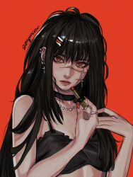 Rule 34 | 1girl, artist name, black choker, black hair, chainsaw man, choker, crop top, cross, cross earrings, cross scar, earrings, facial scar, jewelry, lipstick, long hair, looking at viewer, makeup, necklace, pearl necklace, red background, red eyes, red nails, ring, ringed eyes, scar, scar on cheek, scar on face, simple background, solo, yoru (chainsaw man), zu yuan cesar