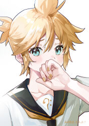 Rule 34 | 1boy, aqua eyes, black sailor collar, blonde hair, commentary, covering own mouth, dated, hair between eyes, hand over own mouth, highres, kagamine len, looking at viewer, male focus, nail polish, neckerchief, sailor collar, simple background, solo, spiked hair, symbol-only commentary, upper body, vocaloid, white background, wumumu, yellow nails