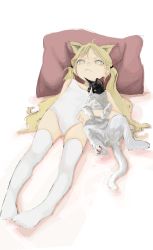 Rule 34 | 1girl, animal, animal ears, blonde hair, cat, cat ears, child, closed mouth, female focus, frown, full body, highres, holding, holding animal, holding cat, looking at viewer, lying, messy hair, ohgnokuni, on back, on bed, one-piece swimsuit, original, pillow, solo, swimsuit, thighhighs, twintails, white one-piece swimsuit
