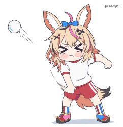 Rule 34 | &gt; &lt;, 1girl, alternate costume, animal ear fluff, animal ears, ball, blonde hair, blouse, blush, chibi, commentary, english commentary, fox ears, fox tail, gym uniform, hair ornament, hairclip, holding, holding ball, hololive, kukie-nyan, omaru polka, pout, red shorts, shirt, shorts, simple background, snowball, solo, tail, throwing, v-shaped eyebrows, virtual youtuber, white background, white shirt