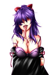 Rule 34 | 1girl, bare shoulders, bow, bra, breasts, cleavage, detached sleeves, forked tongue, hair bow, hair over one eye, highres, large breasts, long hair, long tongue, naughty face, original, pink eyes, ponytail, purple hair, sacchan (samuimu), saliva, samuimu, solo, strap slip, tongue, tongue out, transparent background, underwear, white background, wide sleeves