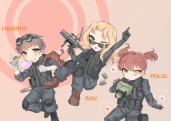 Rule 34 | 10s, 3girls, :p, absurdres, alisa (girls und panzer), arm up, ash (rainbow six siege), backpack, bag, bandages, black footwear, black gloves, black jacket, black pants, black vest, blonde hair, blue eyes, boots, brown eyes, brown footwear, brown hair, character name, chewing gum, chibi, commentary request, fbi, freckles, girls und panzer, gloves, glowing, glowing eyes, goggles, goggles on head, grin, gun, hair intakes, hair ornament, highres, holding, holding weapon, jacket, jumping, kay (girls und panzer), knee pads, kshimu, laser sight, long hair, long sleeves, looking at viewer, multiple girls, naomi (girls und panzer), pants, pink background, pointing, pointing up, pouch, pulse (rainbow six siege), radio, rainbow six siege, short hair, short twintails, sleeves rolled up, smile, standing, standing on one leg, star (symbol), star hair ornament, submachine gun, sunglasses, swat, thermite (rainbow six siege), tongue, tongue out, twintails, very short hair, vest, weapon