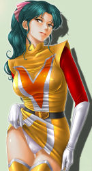 Rule 34 | 1970s (style), 1girl, aqua hair, breasts, brown eyes, choudenji machine voltes v, clothes lift, covered erect nipples, elbow gloves, gloves, highres, large breasts, oka megumi, oldschool, panties, pilot suit, retro artstyle, skirt, skirt lift, solo, thigh gap, thighhighs, toten (der fuhrer), underwear, upskirt, white panties