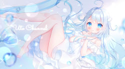 1girl ahoge amatsuka_uto angel_wings bare_shoulders barefoot blue_eyes blue_hair colored_tips dress english_text frilled_dress frills full_body hair_ornament hairclip halter_dress halterneck highres indie_virtual_youtuber layered_dress long_hair looking_at_viewer multicolored_hair off-shoulder_dress off_shoulder omochi_monaka open_mouth ribbon simple_background solo thighs twintails virtual_youtuber white_dress wings