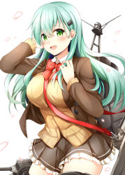 Rule 34 | 10s, 1girl, aqua eyes, aqua hair, blush, bow, bowtie, breasts, brown thighhighs, cardigan, hair ornament, hairclip, jacket, jewelry, kantai collection, large breasts, long hair, looking at viewer, pleated skirt, remodel (kantai collection), rigging, ring, rui shi (rayze ray), school uniform, skirt, smile, solo, suzuya (kancolle), thighhighs, wedding band