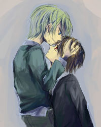 Rule 34 | 2boys, black hair, blonde hair, blue eyes, darren shan, eye contact, gradient background, hand on another&#039;s head, kiss, kissing forehead, looking at another, male focus, multiple boys, necktie, red eyes, short hair, skn nks, smile, steve leonard, sweater, the saga of darren shan, yaoi