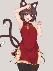 Rule 34 | 1girl, :d, absurdres, alternate costume, alternate eye color, animal ear fluff, animal ears, arm above head, armpits, arms up, bare arms, black thighhighs, bob cut, brown eyes, brown hair, cat ears, cat girl, cat tail, chen, china dress, chinese clothes, claw pose, commentary, cowboy shot, dress, earrings, eyelashes, fang, grey background, highres, jewelry, looking at viewer, multiple tails, ody kishi, open mouth, panties, paw pose, red dress, short hair, side-tie panties, simple background, single earring, smile, solo, standing, tail, thighhighs, touhou, underwear