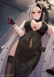 Rule 34 | 1girl, black dress, black eyes, black gloves, black hair, black thighhighs, blue archive, breasts, china dress, chinese clothes, cleavage, coat, coat on shoulders, dress, earrings, gloves, halo, hand on own hip, highres, holding vial, jewelry, kai (blue archive), lab coat, large breasts, lips, long hair, multicolored hair, side slit, single earring, smodzz998, solo, thighhighs, twintails, two-tone hair, white hair
