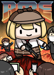 Rule 34 | 3girls, 3others, arm up, badge, black footwear, black hair, black pants, black shirt, black undershirt, blonde hair, blue gloves, bob cut, brown hair, brown headwear, brown legwear, brown skirt, cellphone, closed mouth, commentary, cowboy shot, doom (game), doom (series), fire, full body, gloves, gun, hair between eyes, hat, holding, holding gun, holding phone, holding weapon, hololive, hololive english, iphone, jazz jack, long hair, long sleeves, mask, medium hair, mouth mask, multiple girls, multiple others, necktie, no hands, outstretched arms, over-kneehighs, pants, parody, phone, pleated skirt, ponytail, red necktie, shirt, short sleeves, shotgun, skirt, smartphone, smile, smol ame, thighhighs, virtual youtuber, watson amelia, weapon, white shirt, zettai ryouiki, | |