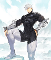 Rule 34 | 1boy, bara, black bodysuit, blue eyes, bodysuit, covered abs, fate/grand order, fate (series), foot out of frame, hair between eyes, hand on own hip, jin (sirius-j), large pectorals, leg up, legs apart, looking at viewer, male focus, muscular, muscular male, pectorals, percival (fate), short hair, skin tight, solo, strongman waist, thick thighs, thighhighs, thighs, white hair, white thighhighs