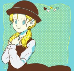 Rule 34 | 1girl, black dress, blonde hair, blue eyes, color guide, dragon ball, dragon ball gt, dress, hair tie, hat, heart, limited palette, marron (dragon ball), petagon, smile, solo, twintails, upper body