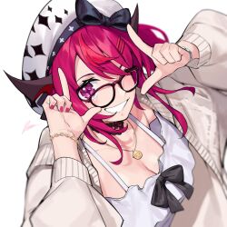 Rule 34 | 1girl, beret, black hat, bracelet, breasts, cardigan, cleavage, dasdokter, dress, glasses, grin, guyrys, hair ornament, hairclip, hat, highres, hololive, hololive english, irys (casualrys) (hololive), irys (hololive), jewelry, large breasts, necklace, official alternate costume, one eye closed, pink eyes, pink nails, red hair, simple background, smile, solo, upper body, virtual youtuber, white background, white dress, white hat
