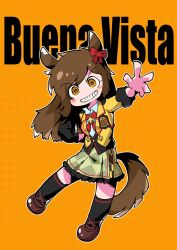 Rule 34 | 1girl, animal ears, black gloves, black socks, bow, brown eyes, brown footwear, brown hair, buena vista (umamusume), clenched hand, ear bow, frilled skirt, frills, gloves, green skirt, grin, highres, horse ears, horse girl, horse tail, jacket, kneehighs, long hair, multicolored hair, neck ribbon, obushideian, orange background, personification, red bow, red ribbon, ribbon, skirt, smile, socks, solo, tail, two-tone hair, umamusume, white hair, yellow jacket