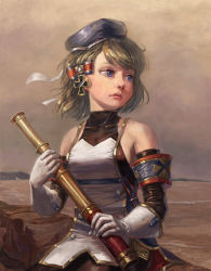 Rule 34 | 1girl, amibazh, armband, azur lane, bare shoulders, beret, blue eyes, blue hat, bow, breasts, brown hair, closed mouth, cloud, cloudy sky, collarbone, commentary, cowboy shot, day, elbow gloves, expressionless, gloves, hair bow, hat, holding, horizon, lips, medium breasts, military, military uniform, ocean, red bow, rock, short hair, sitting, sky, solo, spyglass, swept bangs, uniform, water, white gloves, z23 (azur lane)