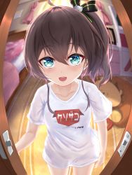 Rule 34 | alternate costume, bedroom, blouse, blue eyes, blurry, blurry background, hair between eyes, hair ornament, highres, hololive, looking at viewer, natsuiro matsuri, no pants, open mouth, pov, shirt, solo, sprygon, virtual youtuber, white shirt