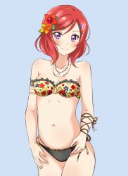 Rule 34 | 10s, 1girl, bikini, blush, breasts, flower, hair flower, hair ornament, looking at viewer, love live!, love live! school idol festival, love live! school idol project, navel, nishikino maki, purple eyes, red hair, short hair, simple background, smile, solo, standing, swimsuit, turkey min