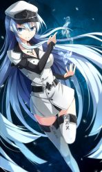 Rule 34 | 10s, 1girl, akame ga kill!, blue eyes, blue hair, boots, breasts, cleavage, esdeath, hat, highres, ice, large breasts, long hair, looking at viewer, matching hair/eyes, military, peaked cap, rin yuu, solo, standing, standing on one leg, tattoo, thigh boots, thighhighs, very long hair, white thighhighs, zettai ryouiki