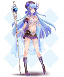 Rule 34 | 1girl, bare shoulders, blue hair, boots, breasts, cleavage, cross-laced footwear, flower, hair flower, hair ornament, harlem heart, hat, highres, jewelry, knee boots, lace-up boots, light particles, long hair, midriff, navel, open mouth, orb, original, smile, solo, staff, standing, tanedahiwa (carduelini), veil, very long hair, weapon