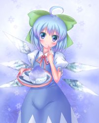 Rule 34 | 1girl, ahoge, blue eyes, blue hair, blush, cirno, em s, finger to mouth, food, hair ribbon, ice, ice wings, matching hair/eyes, ribbon, shaved ice, solo, tears, touhou, wings