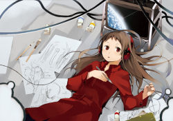 Rule 34 | 1girl, brown eyes, brown hair, cable, dress, flute, hand on own chest, headphones, instrument, kuchibue, long hair, long sleeves, looking at viewer, looking back, lying, on back, original, paper, recorder, red dress, red hair, solo