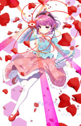 Rule 34 | 1girl, absurdres, album cover, ambasa, blouse, blue shirt, blush, bow, bowtie, buttons, cover, dot nose, falling petals, floral print, frilled shirt collar, frilled skirt, frilled sleeves, frills, full body, hair ornament, hand up, headphones, heart, heart button, heart hair ornament, highres, holding, incredibly absurdres, komeiji satori, long sleeves, looking at viewer, mary janes, pantyhose, parted lips, petals, pink skirt, purple bow, purple bowtie, purple eyes, purple hair, red eyes, red footwear, ribbon trim, rose petals, rose print, shirt, shoes, short hair, skirt, solo, third eye, touhou, v-shaped eyebrows, white pantyhose, wide sleeves