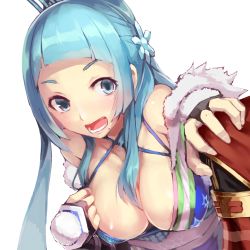 Rule 34 | 1girl, aqua eyes, aqua hair, bare shoulders, blunt bangs, breasts, cleavage, commentary request, eyes visible through hair, fingerless gloves, flower, gloves, hair flower, hair ornament, hair over eyes, hand on another&#039;s shoulder, highres, japanese clothes, kimono, large breasts, long hair, miyukino, mole, mole under mouth, obi, open mouth, sash, sidelocks, simple background, solo focus, sue sgr u, teeth, upper body, white background, wonderland wars