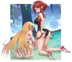 Rule 34 | 2girls, ass, blonde hair, breasts, competition swimsuit, dual persona, earrings, female focus, gonzarez, high heel sandals, highres, jewelry, large breasts, long hair, matching hair/eyes, multiple girls, mythra (xenoblade), nintendo, one-piece swimsuit, pyra (xenoblade), red eyes, red footwear, red hair, short hair, swimsuit, thick thighs, thighs, water, xenoblade chronicles (series), xenoblade chronicles 2, xenoblade chronicles (series), xenoblade chronicles 2, yellow eyes
